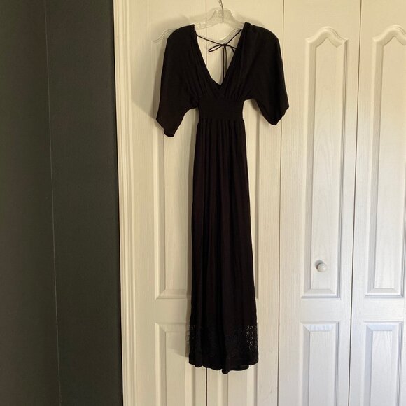 Black Linen-Style Boho Lace Jumpsuit — Black Stone Capsule (S) - Picture 2 of 4